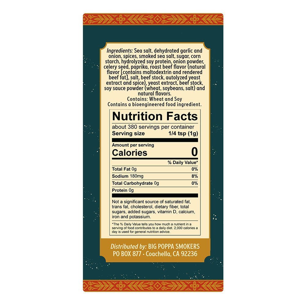 Close-up of Big Poppa's seasoning jar label highlighting handcrafted, farm-sourced ingredients and 13.4oz size on a rustic