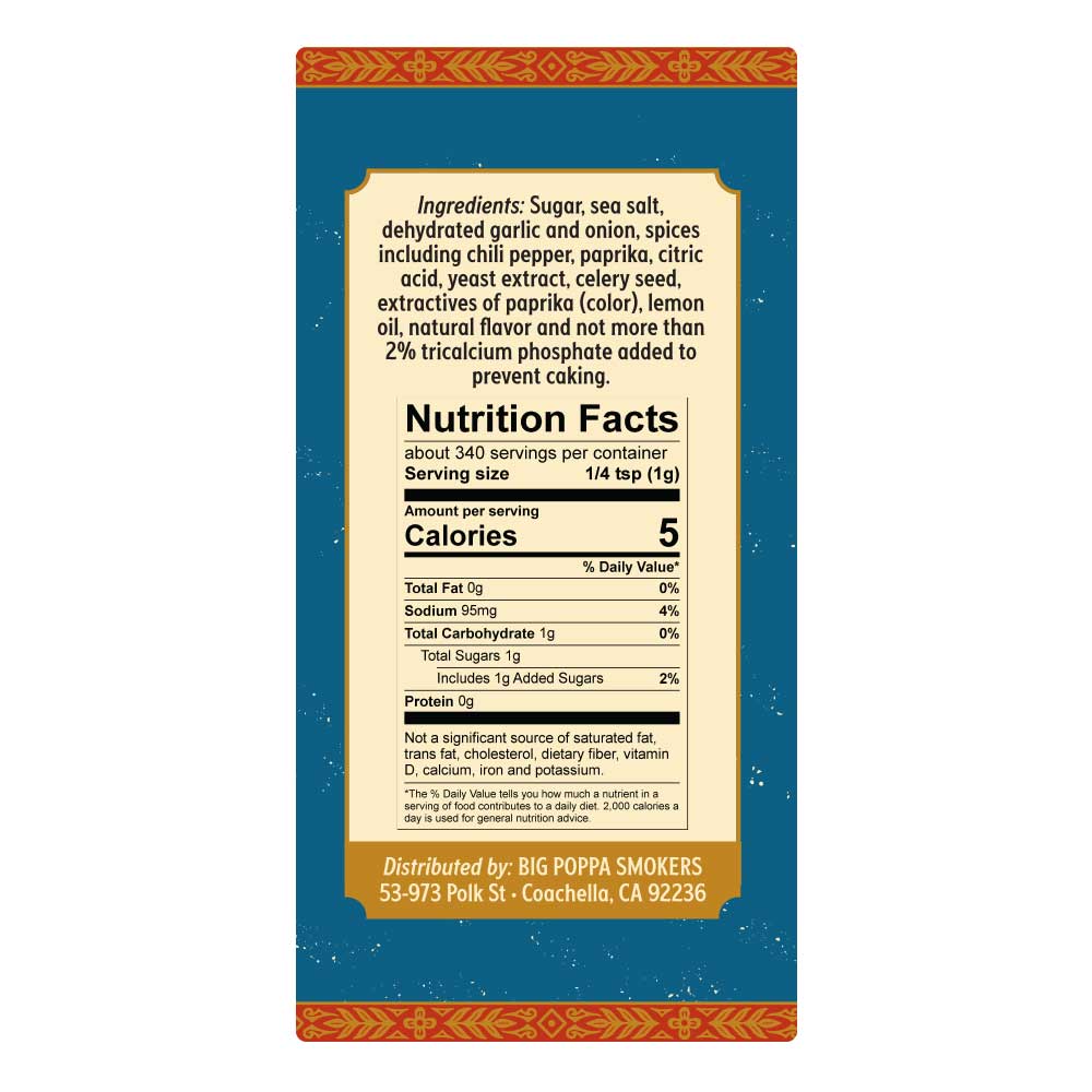 Close-up of Big Poppa's Competition Stash Seasoning 12oz label showcasing handcrafted, locally-sourced ingredients and bold