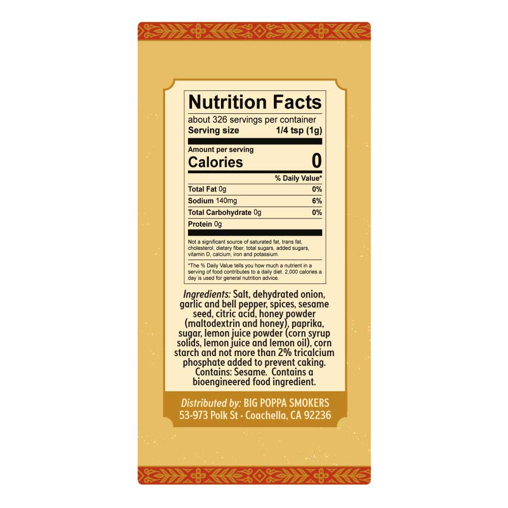 Close-up of Big Poppa's Desert Gold Seasoning label on 11.5oz jar showing textured handwritten font and vibrant gold accents