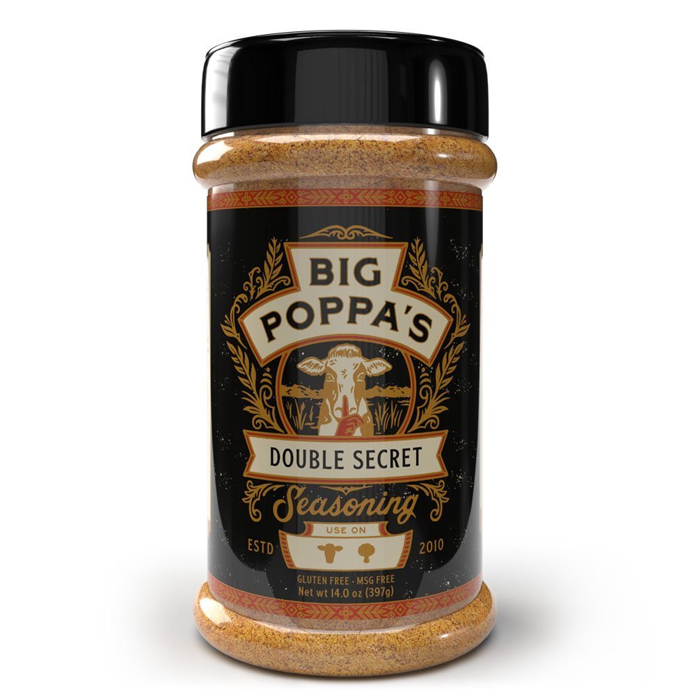 Big Poppa's Double Secret Seasoning 14oz jar with hand-crafted, farm-raised ingredients for beef and vegetable rubs