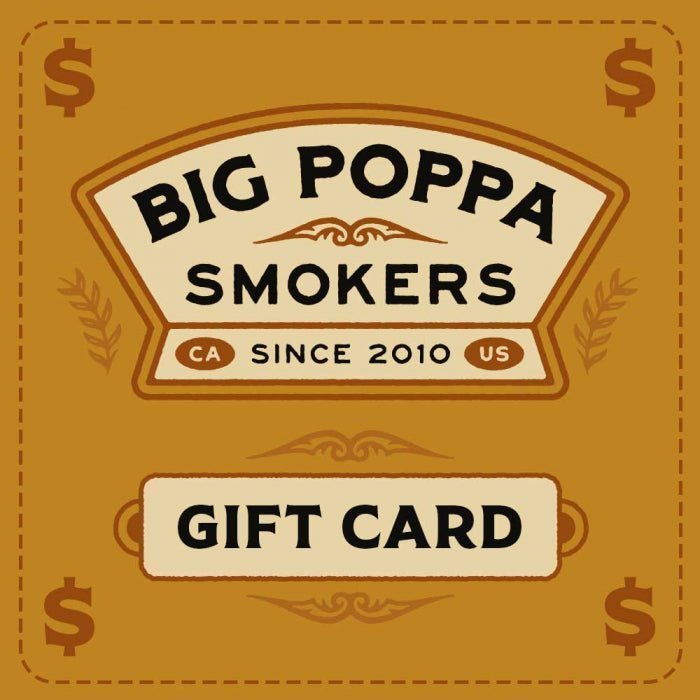 Big Poppa's Gift Card with red and black design, rectangular shape, glossy finish, and engraved brand logo on textured paper