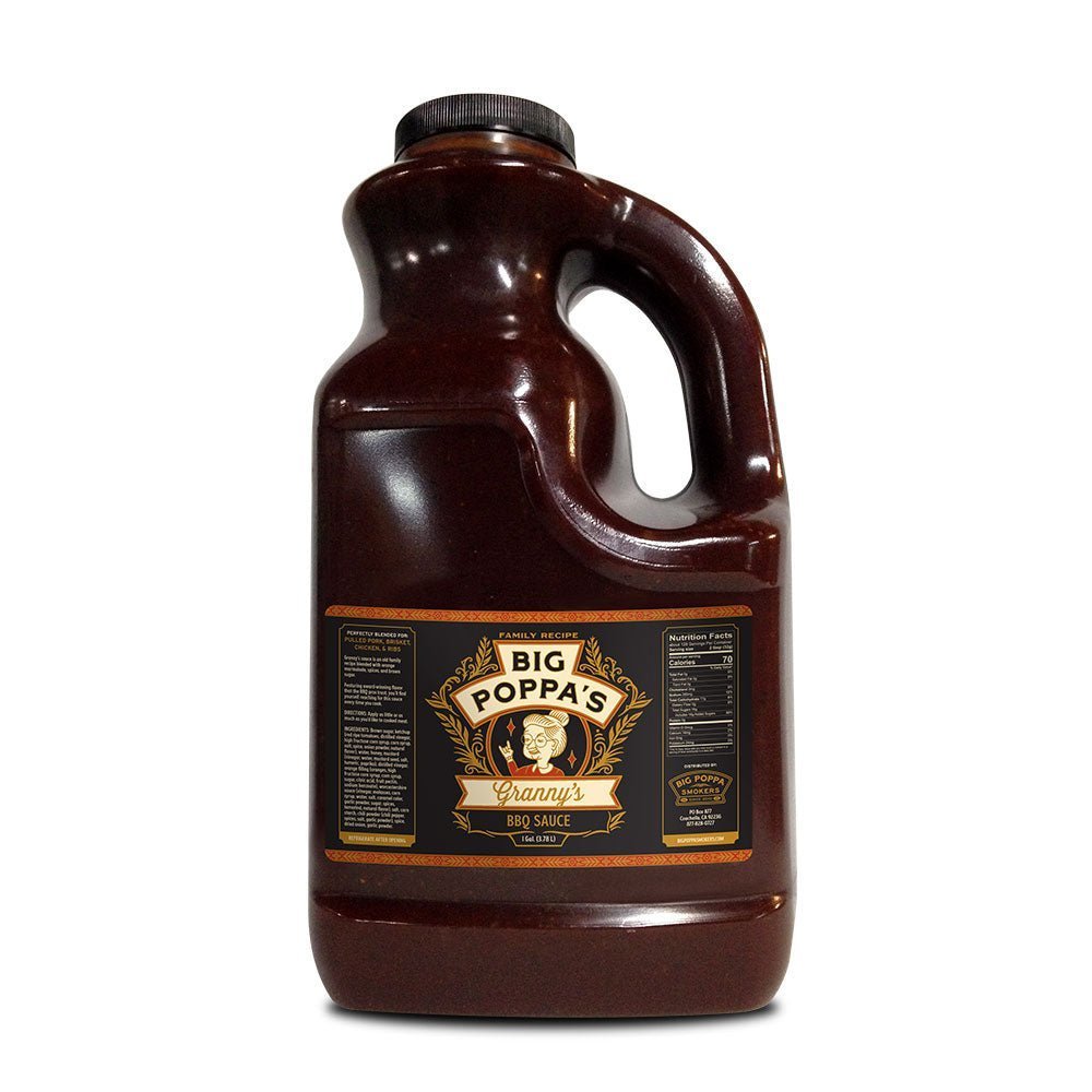 Big Poppa's Granny's BBQ Sauce 1-gallon container with rich, dark, and smooth sauce showcasing craft-style labeling