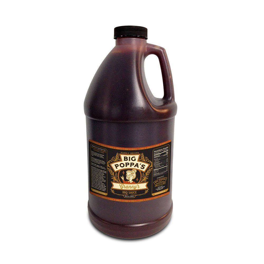 Big Poppa's Granny's BBQ Sauce half-gallon jar with hand-crafted, farm-raised ingredients for beef, pork, poultry, and