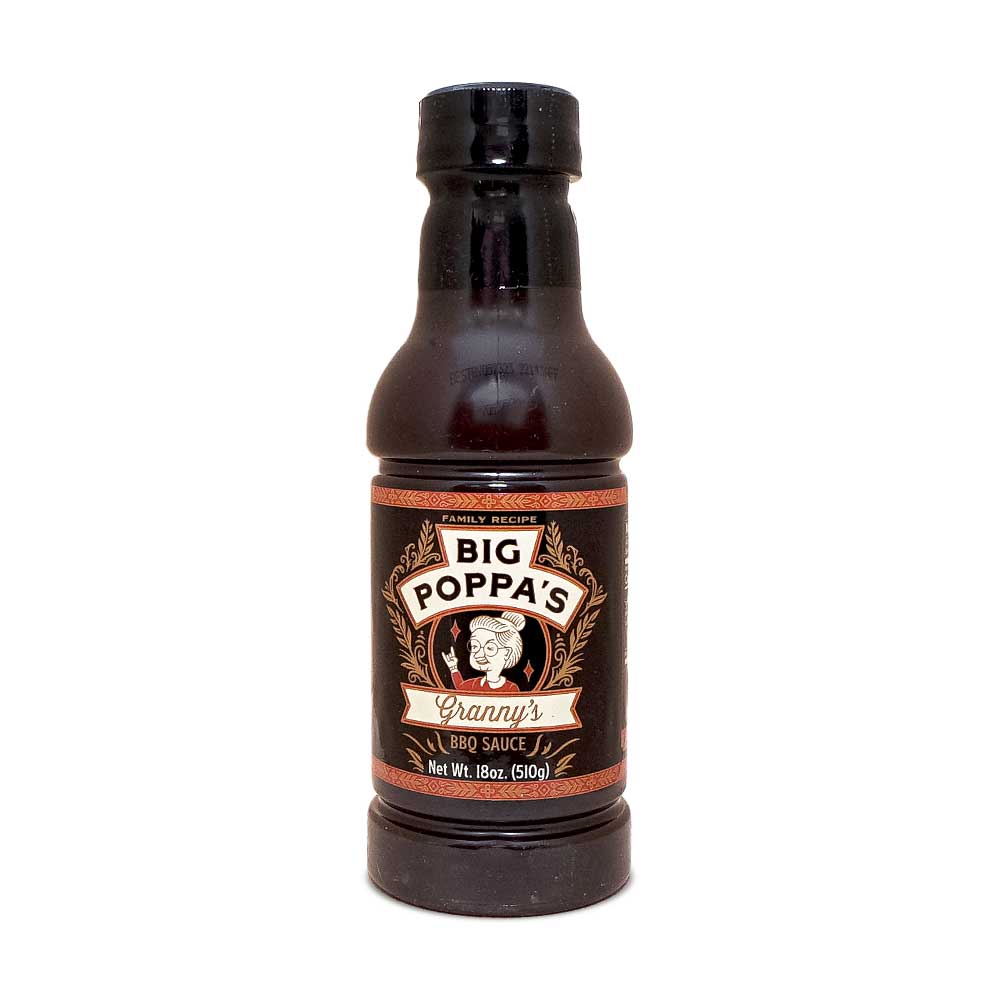 Big Poppa's Granny's BBQ Sauce 18oz jar with rich, smoky flavor and balanced spices, perfect for beef, pork, poultry, and