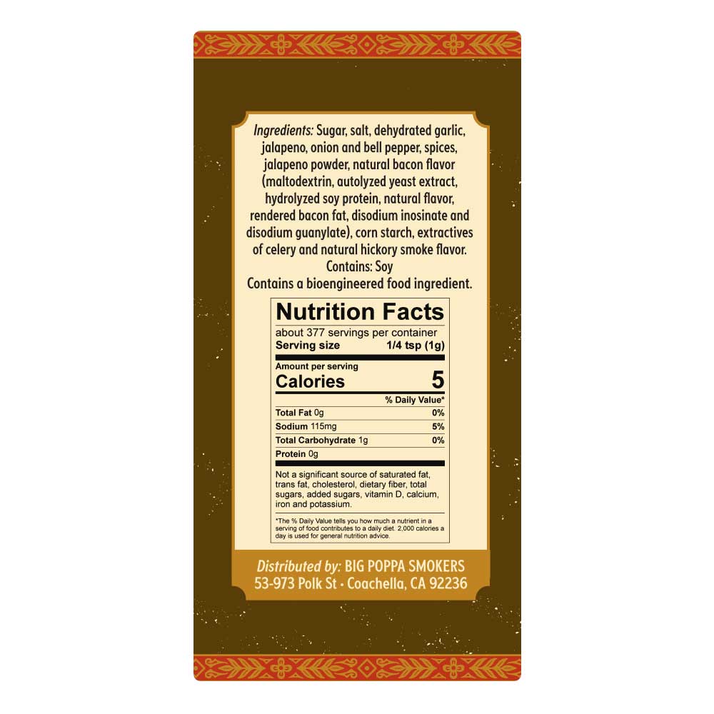 Close-up of Big Poppa's Jallelujah Jalapeño Bacon seasoning label highlighting bold red and green design elements on 13.3oz