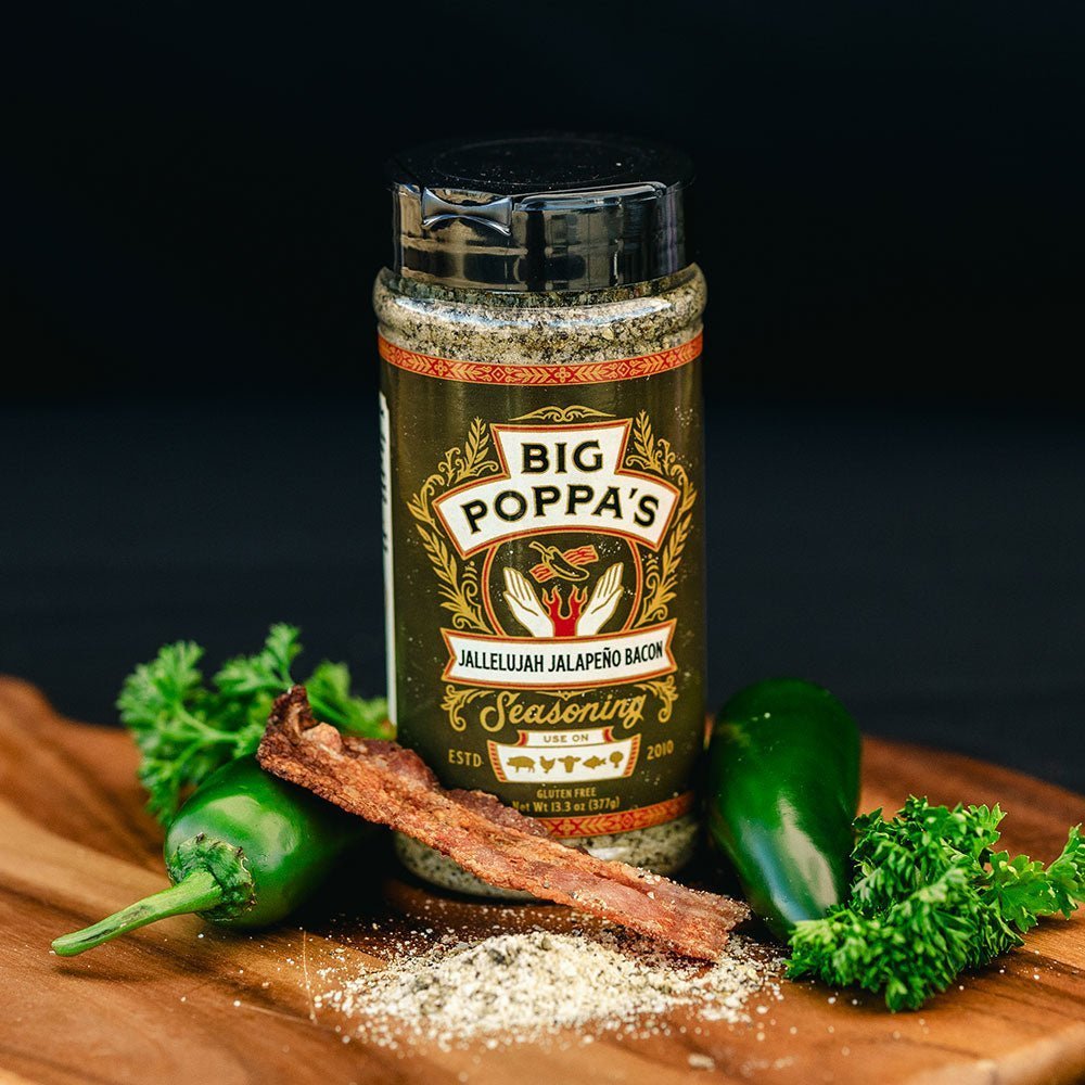 Close-up of Big Poppa's Jallelujah Jalapeño Bacon Seasoning label highlighting handcrafted, farm-raised ingredients in a