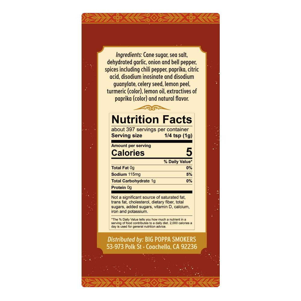Close-up of Big Poppa's Money Seasoning 14oz label highlighting handcrafted, locally-sourced ingredients and bold branding