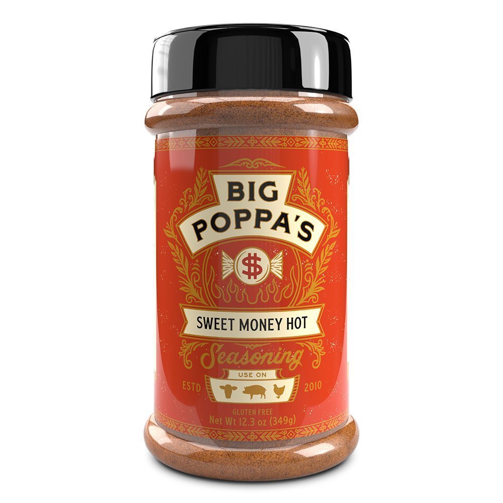 Big Poppa's Sweet Money Hot Seasoning 12.3oz jar with red and gold label, crafted for beef, pork, and poultry grilling