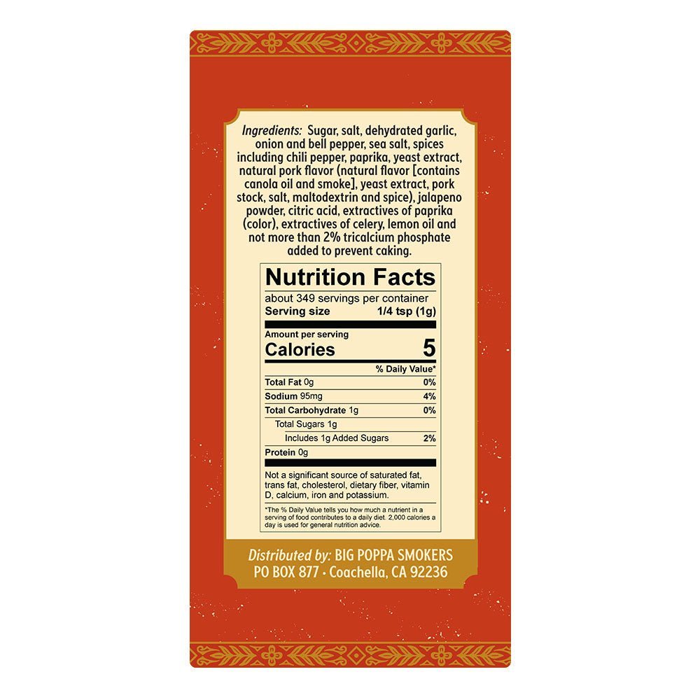 Close-up of Big Poppa's Sweet Money Hot Seasoning label emphasizing handcrafted ingredients and vibrant red seasoning specks