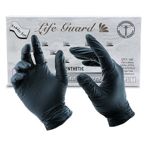 Close-up of black nitrile glove cuff with textured grip surface, highlighting durability for food handling tasks
