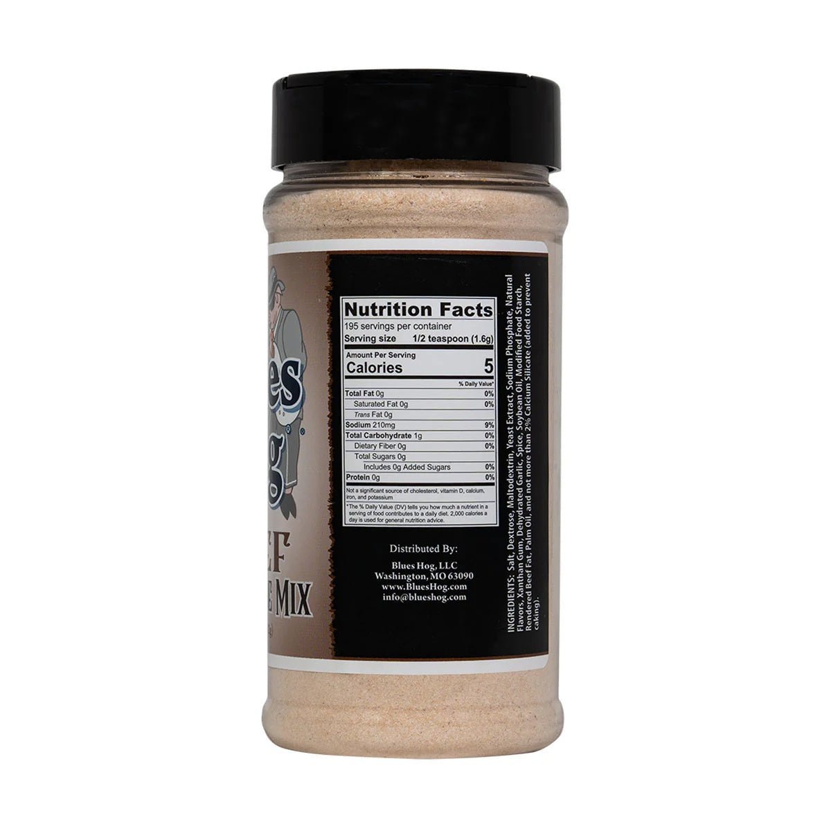 Close-up of the Blues Hog Beef Marinade Mix label highlighting ingredients and farm-raised beef sourcing details.