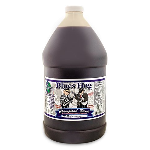 Blues Hog Champions' Blend BBQ Sauce gallon jar showcasing rich, thick, dark reddish-brown sauce with smooth texture and