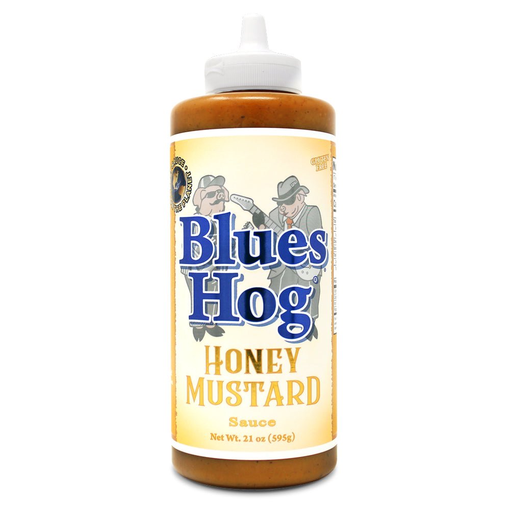 Blues Hog Honey Mustard Sauce in squeezable plastic bottle with yellow label, smooth glossy texture, for pork, poultry