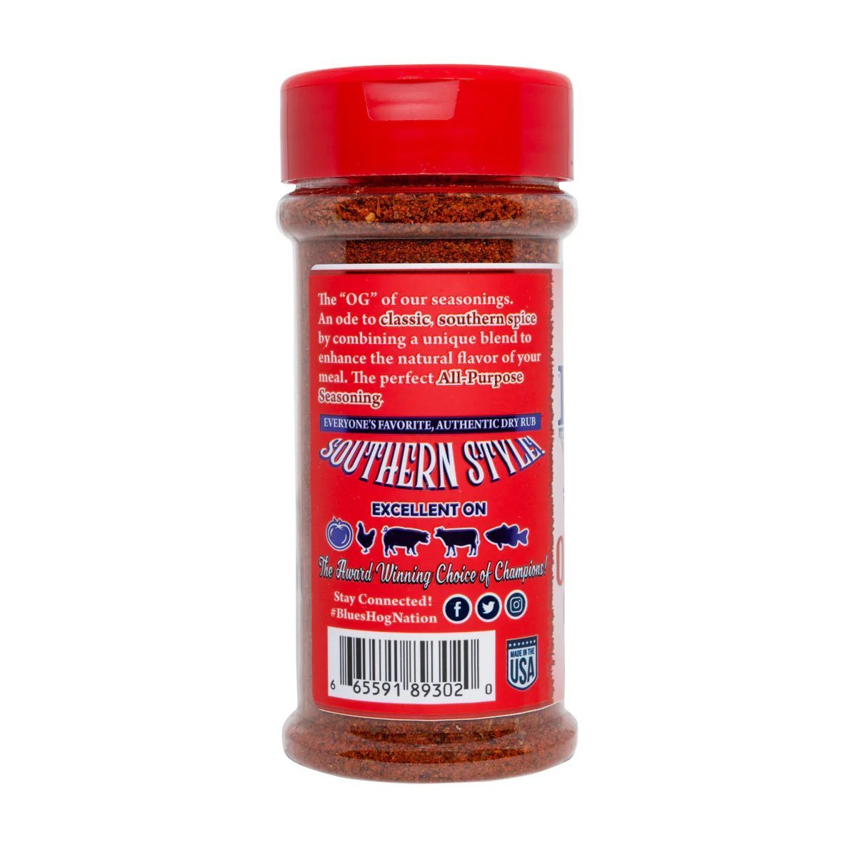Close-up of Blues Hog Original Dry Rub seasoning jar showing textured spice blend and clear label detail on 5.5oz packaging