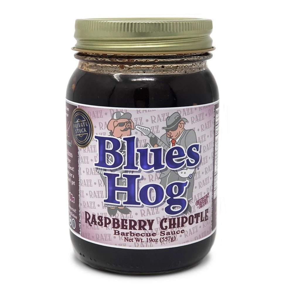 Blues Hog Raspberry Chipotle BBQ Sauce 16oz bottle with vibrant label displaying raspberries and chipotle peppers, thick and