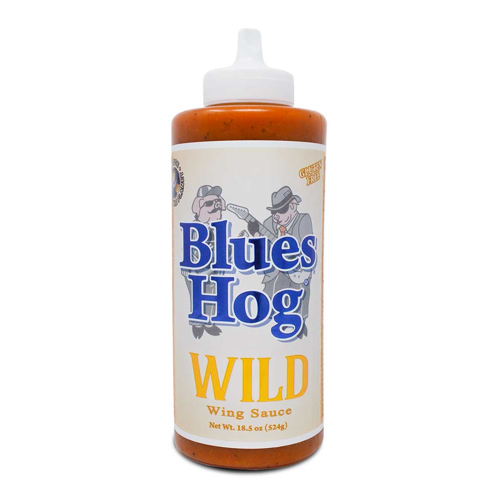 Blues Hog Wing Sauce in squeezable plastic bottle with red cap, smooth orange-red sauce, ideal for poultry, pork, seafood