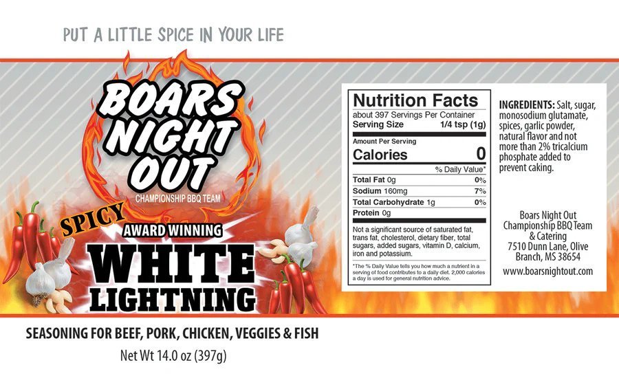 Close-up of spicy white lightning rub glaze coating the 14 oz. jar, highlighting its creamy texture and vibrant white color.