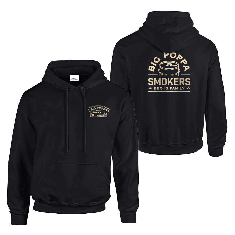 Big Poppa Smokers BPS BBQ black hoodie, relaxed fit, soft cotton blend, round neckline, long sleeves with front logo print
