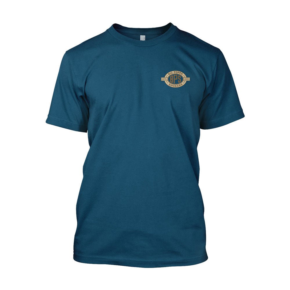Close-up of turquoise and brown buffalo pattern on the relaxed fit cotton T-shirt's front neckline detail