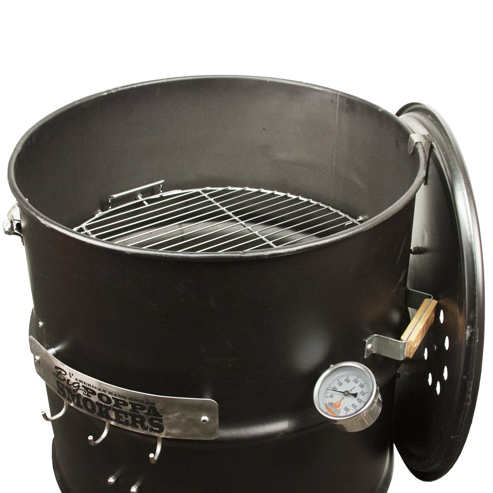 Close-up of the BPS DIY Drum Smoker Kit’s stainless steel latch and textured surface, highlighting assembly details and
