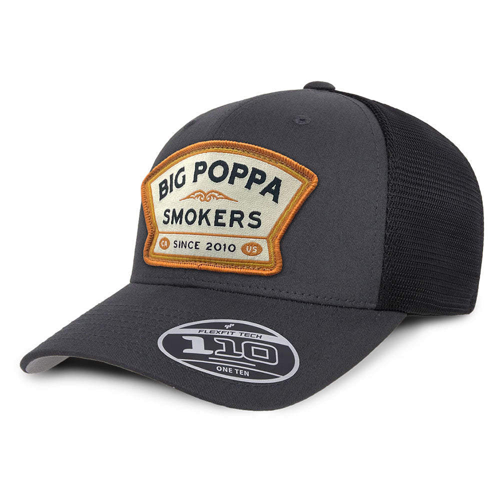 Big Poppa Smokers BPS Mesh Trucker Flexfit Hat in charcoal and black with breathable mesh panels and curved brim