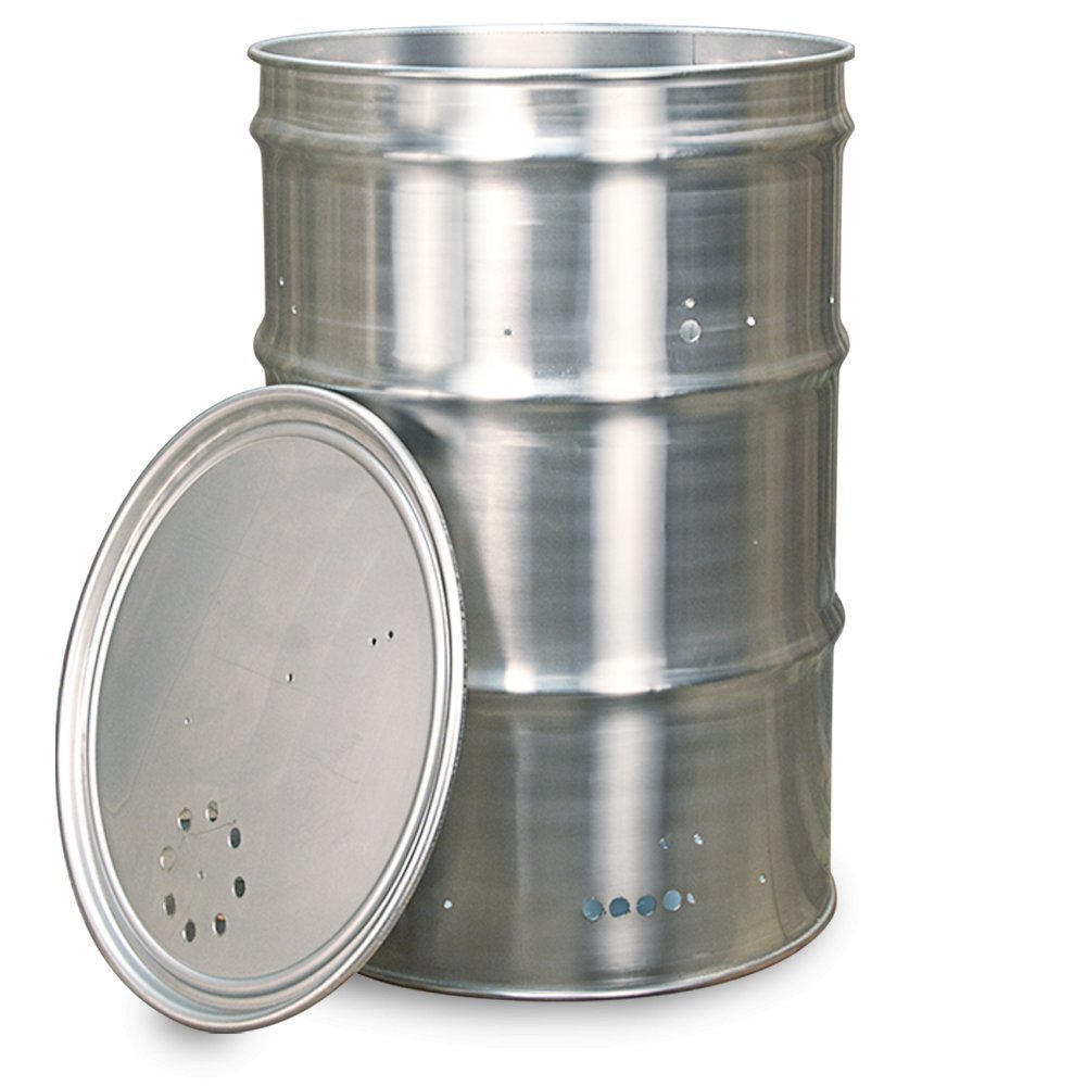 Close-up of the BPS Pre-drilled SS Drum Smoker Kit’s durable stainless steel surface showing drilled ventilation holes and