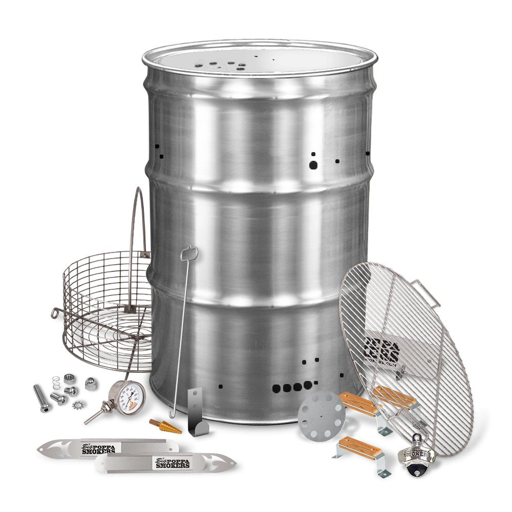 Big Poppa Smokers BPS pre-drilled stainless steel drum smoker kit with four legs and adjustable air vents