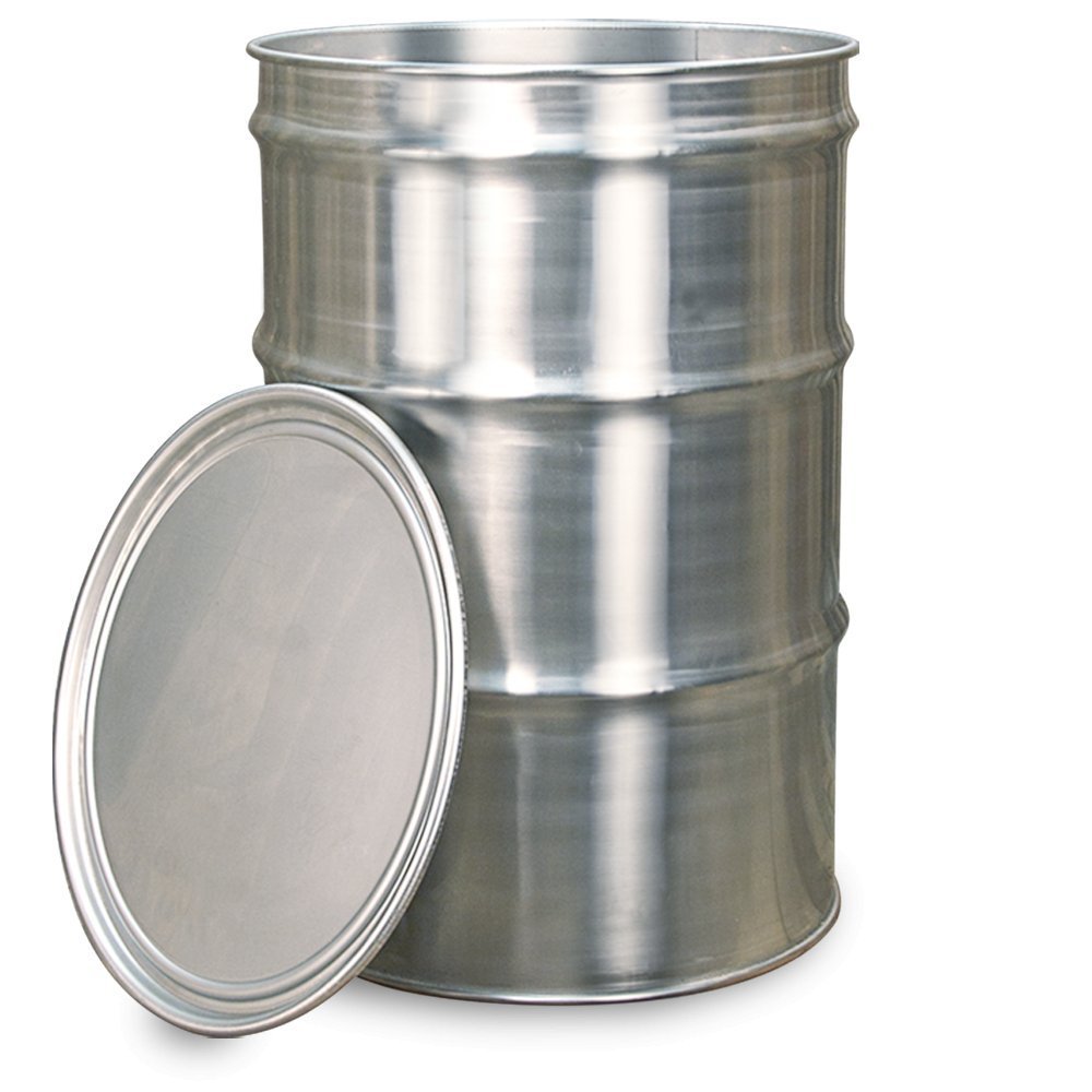 Close-up of the BPS SS Drum Smoker’s textured stainless steel surface and logo engraving on top lid handle
