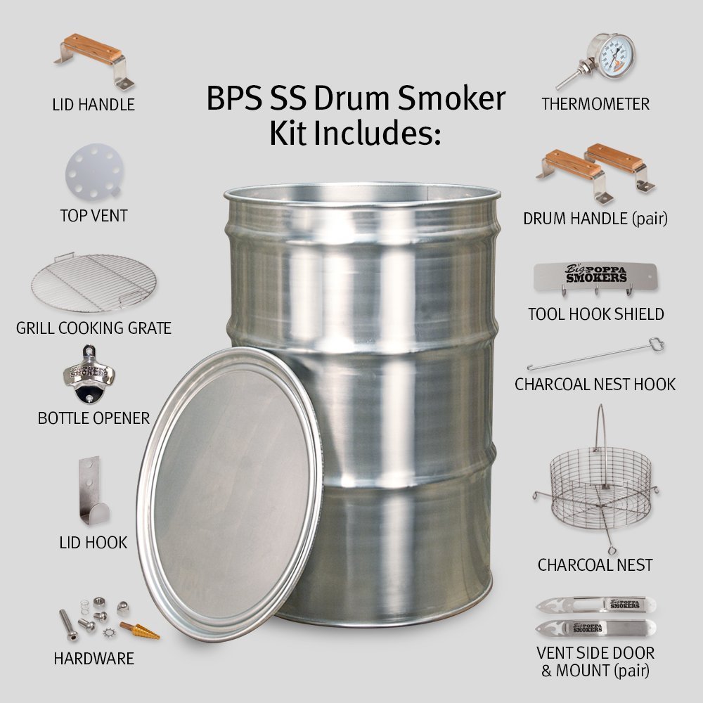Close-up of the BPS SS Drum Smoker's textured stainless steel surface and engraved logo on the lid handle.