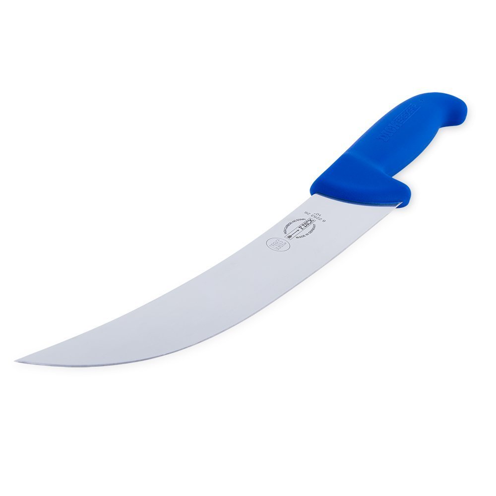 Close-up of the F. Dick 10" Cimeter Knife Ergogrip handle with textured black rubber grip and stainless-steel blade edge for