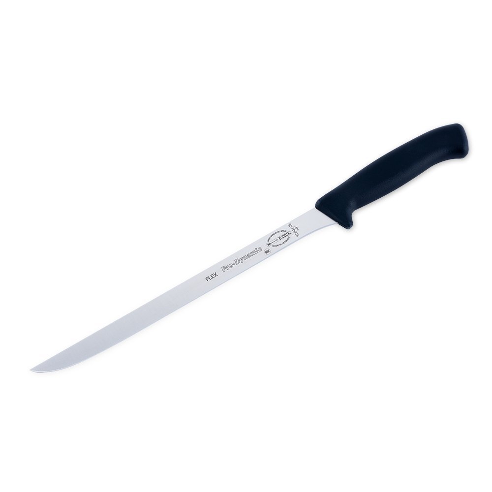 Close-up of the F. Dick 10" Flexible Ham Knife blade showing its fine sharp edge and textured stainless steel surface detail.