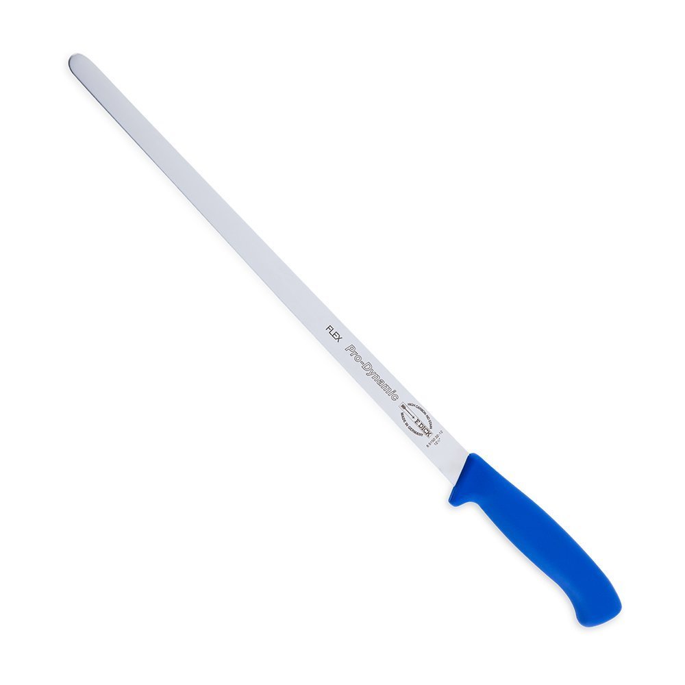 F. Dick 12.5-inch flex salmon and ham slicer knife with blue ergonomic handle, stainless steel blade, textured grip, for