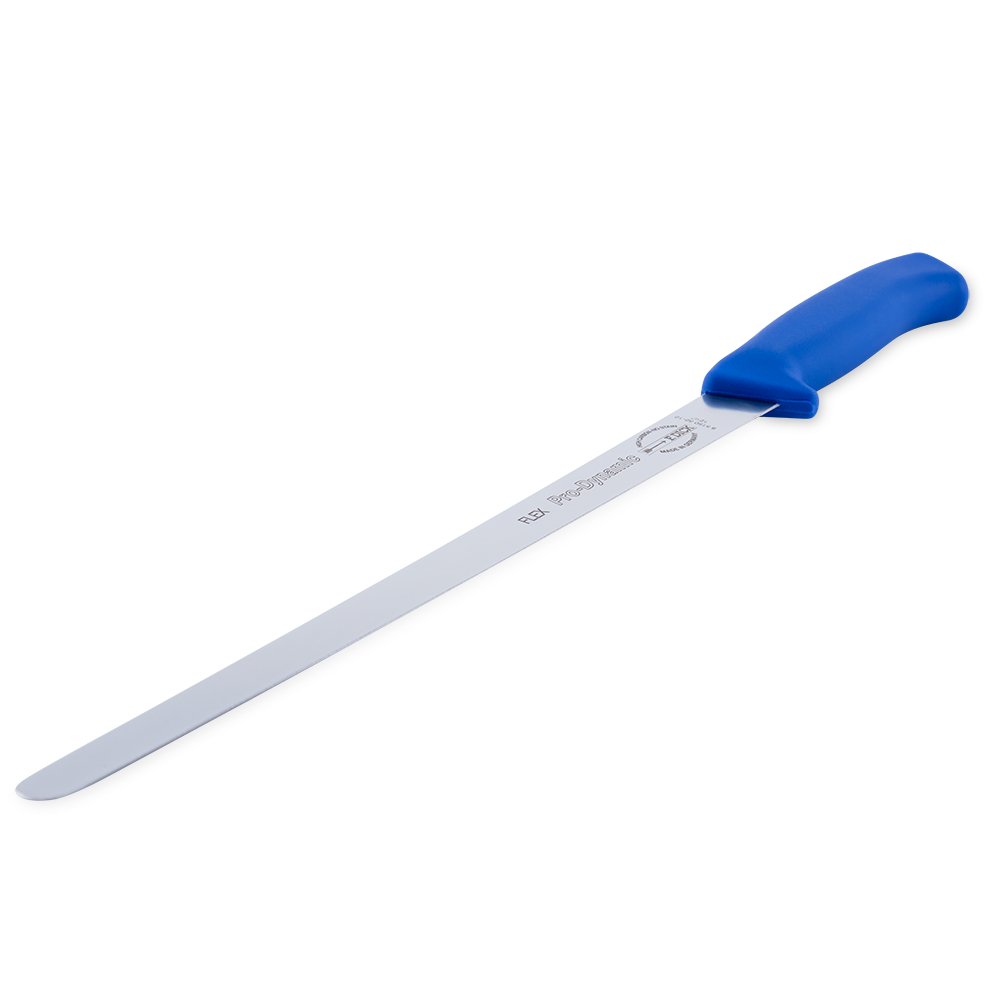 Close-up of the blue textured handle with ergonomic grip and subtle flex blade curvature, highlighting the knife’s precise