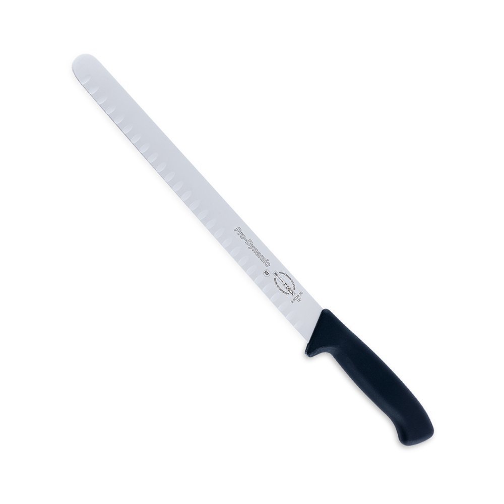 F. Dick 12-inch seamless hollow ground stainless steel slicing knife with black textured handle and ergonomic design