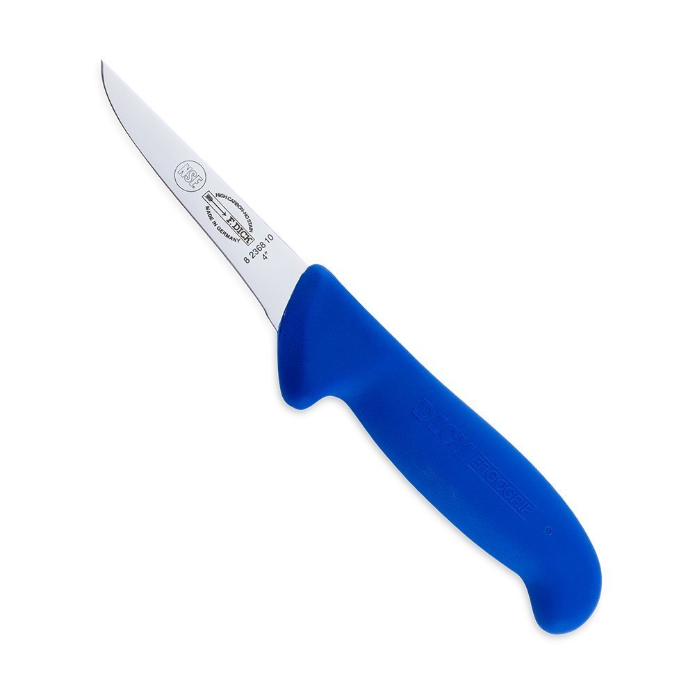 F. Dick 4-inch narrow stiff boning knife with ergonomic black handle and stainless steel blade for precise meat trimming
