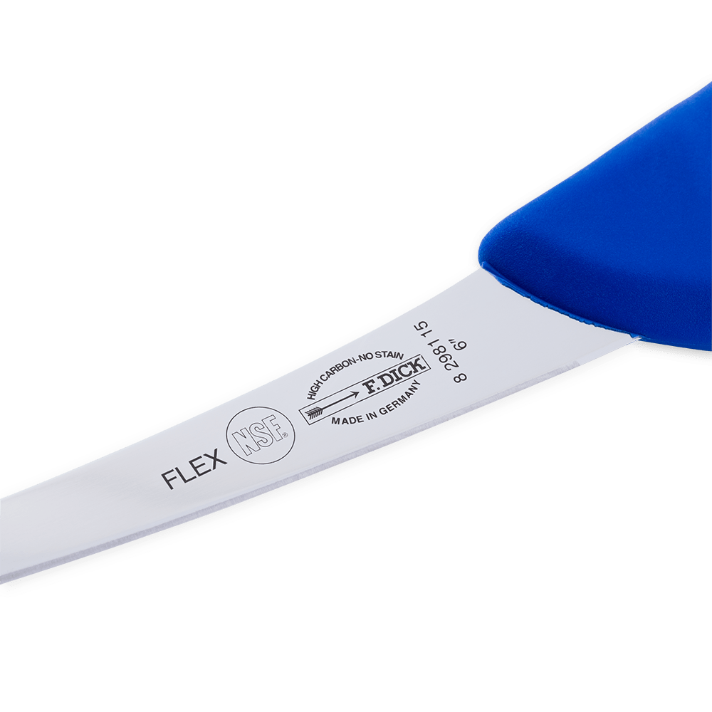 Close-up of the F. Dick 6" Flex Boning Knife's textured orange Ergogrip handle showing flexible blade curvature from an