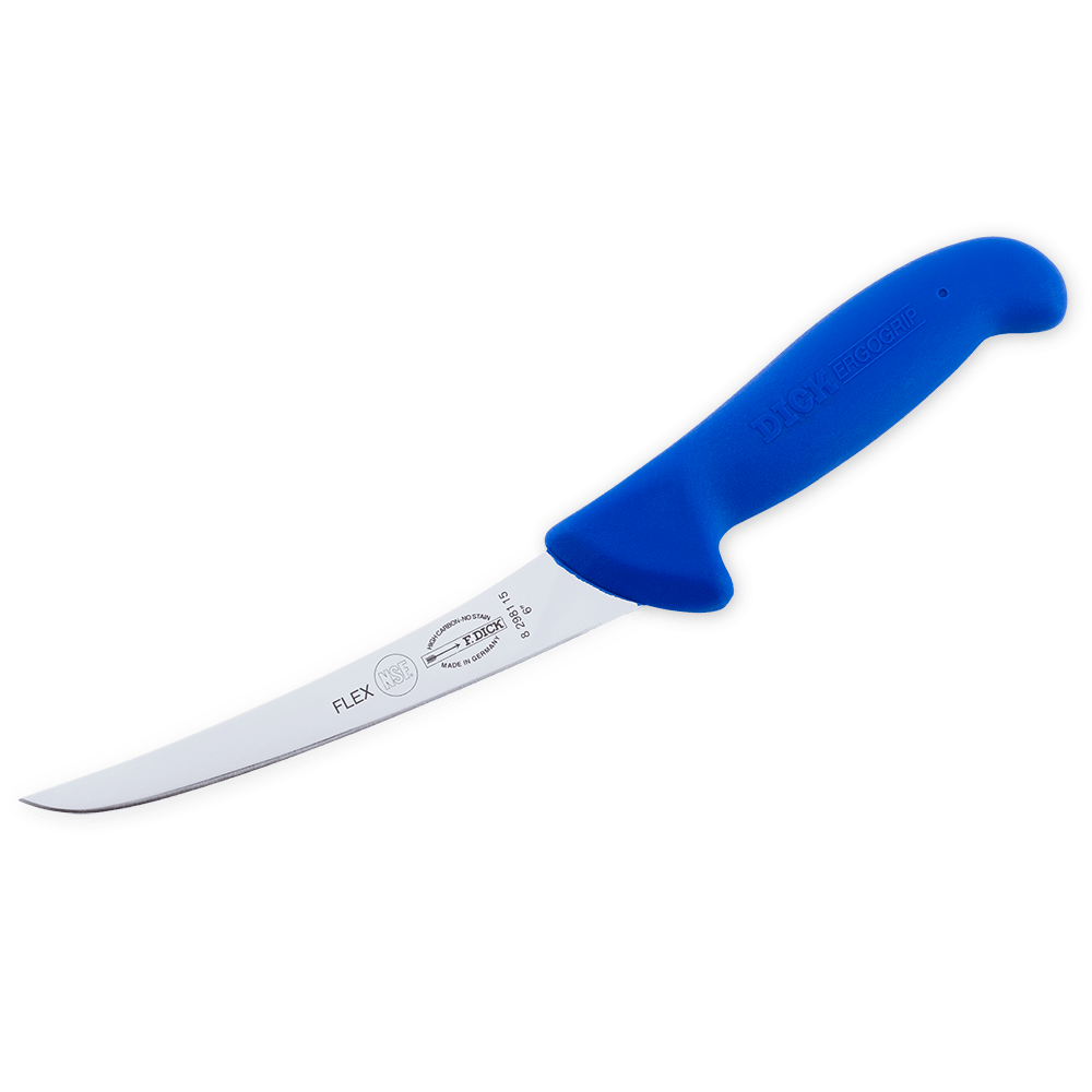 Close-up of the F. Dick 6" Flex Boning Knife’s textured orange Ergogrip handle from an angled perspective highlighting grip