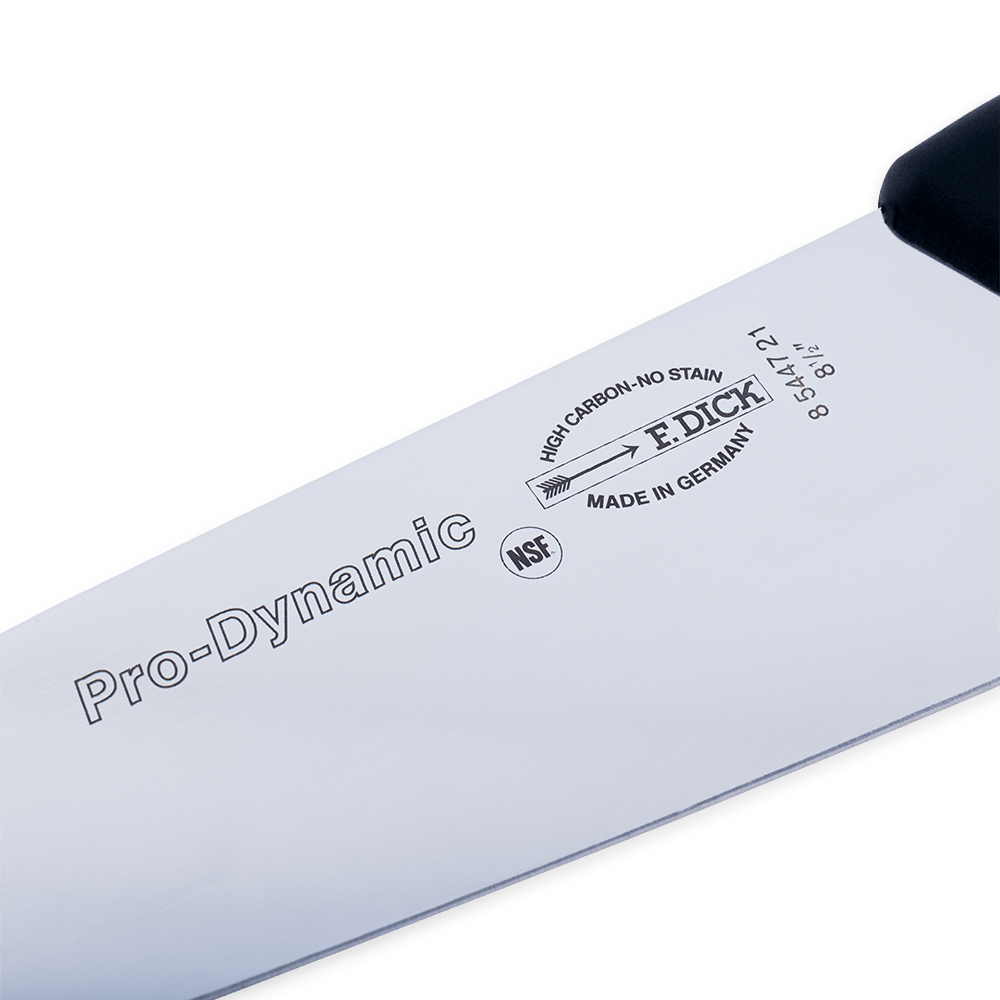 Close-up of the stainless steel blade's textured spine and engraved F. Dick logo near the handle rivets.