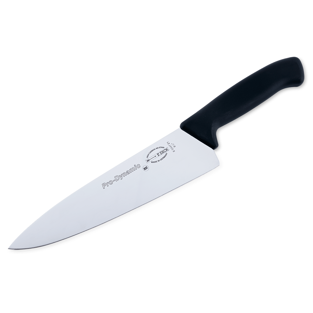 Close-up of the F. Dick 8.5" ProDynamic chef knife blade edge highlighting its precise grind and sharpness.