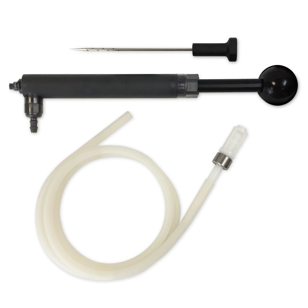 F. Dick BBQ Brine Pump with stainless steel barrel and ergonomic handle for injecting flavorful marinades into farm-raised