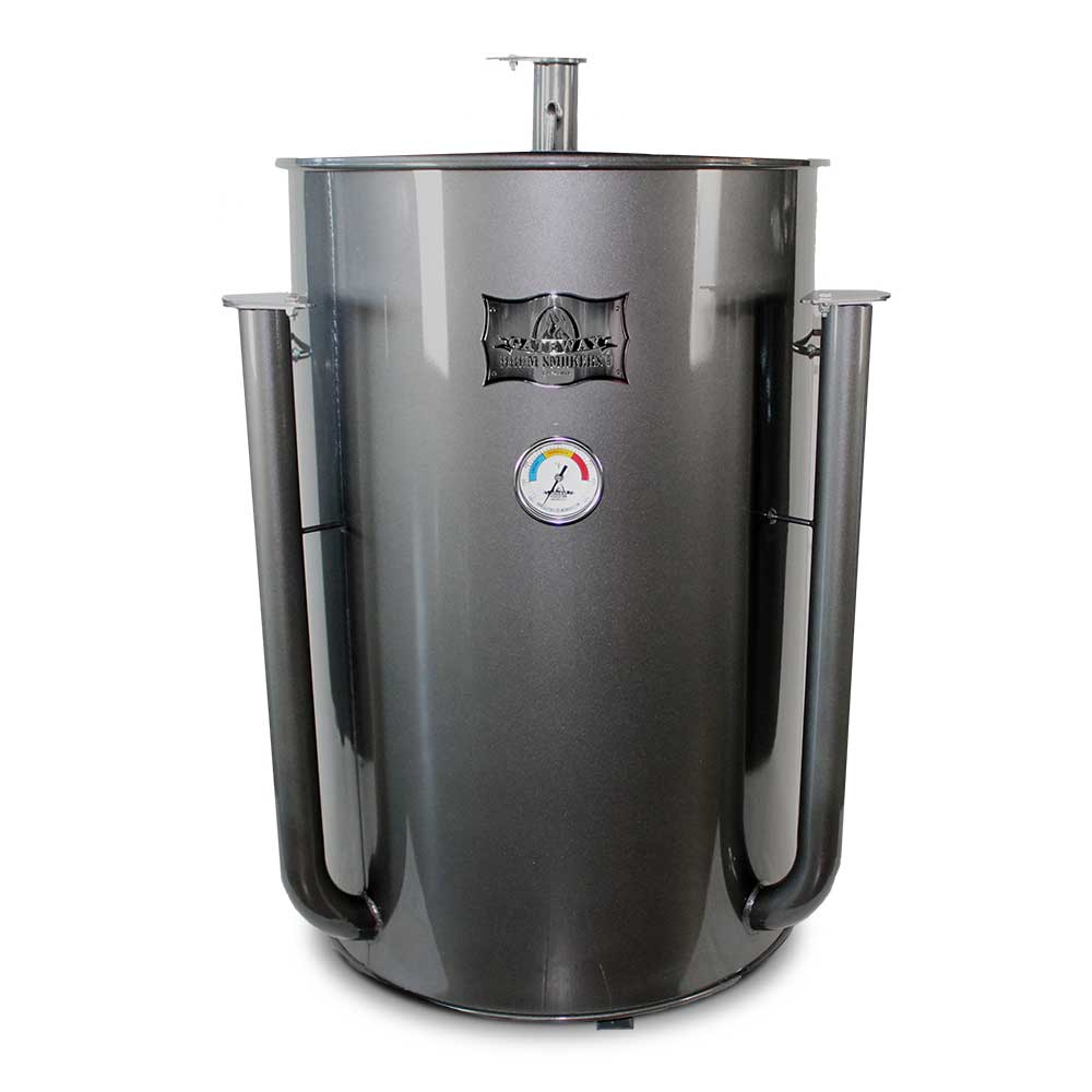 Close-up of the Gateway Drum Smoker’s stainless steel logo plate with engraved branding and textured surface detail