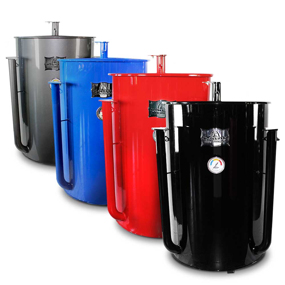 Smokin Brothers Gateway Drum Smoker with black matte finish, stainless steel logo plate, cylindrical shape, textured