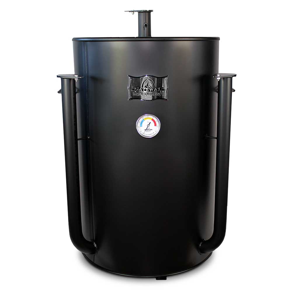 Close-up of the Gateway Drum Smoker's stainless steel temperature gauge with clear numerical markings and a black needle