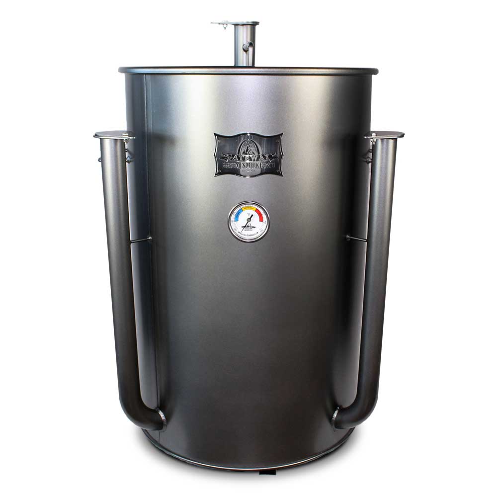 Close-up of the Gateway Drum Smoker's cylindrical steel body showcasing textured matte black finish and precise seam details