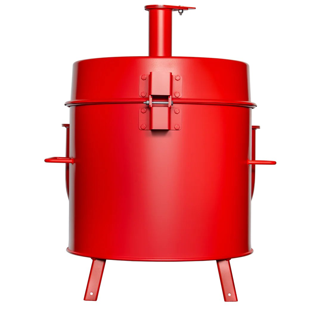 Close-up of the Gateway Mini Go2 Drum Smoker’s textured stainless steel lid handle and latch mechanism detail.