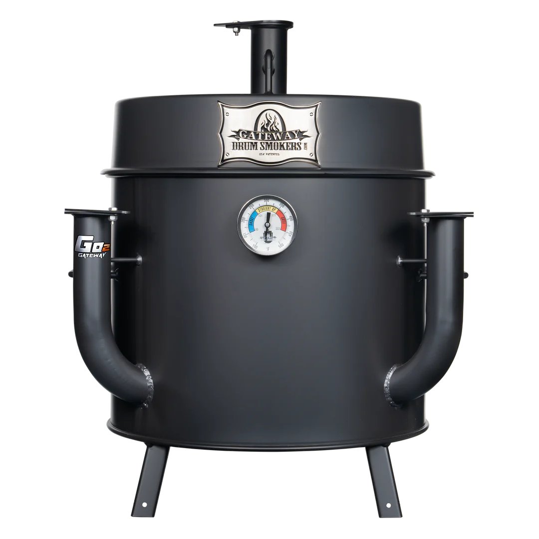 Close-up of the Gateway Mini Go2 Drum Smoker's textured stainless steel lid latch and locking mechanism detail.