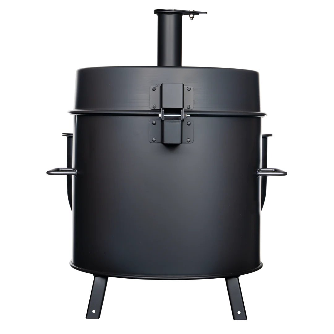 Close-up of the Gateway Mini Go2 Drum Smoker’s textured stainless steel surface and ventilation vents on the side panel.