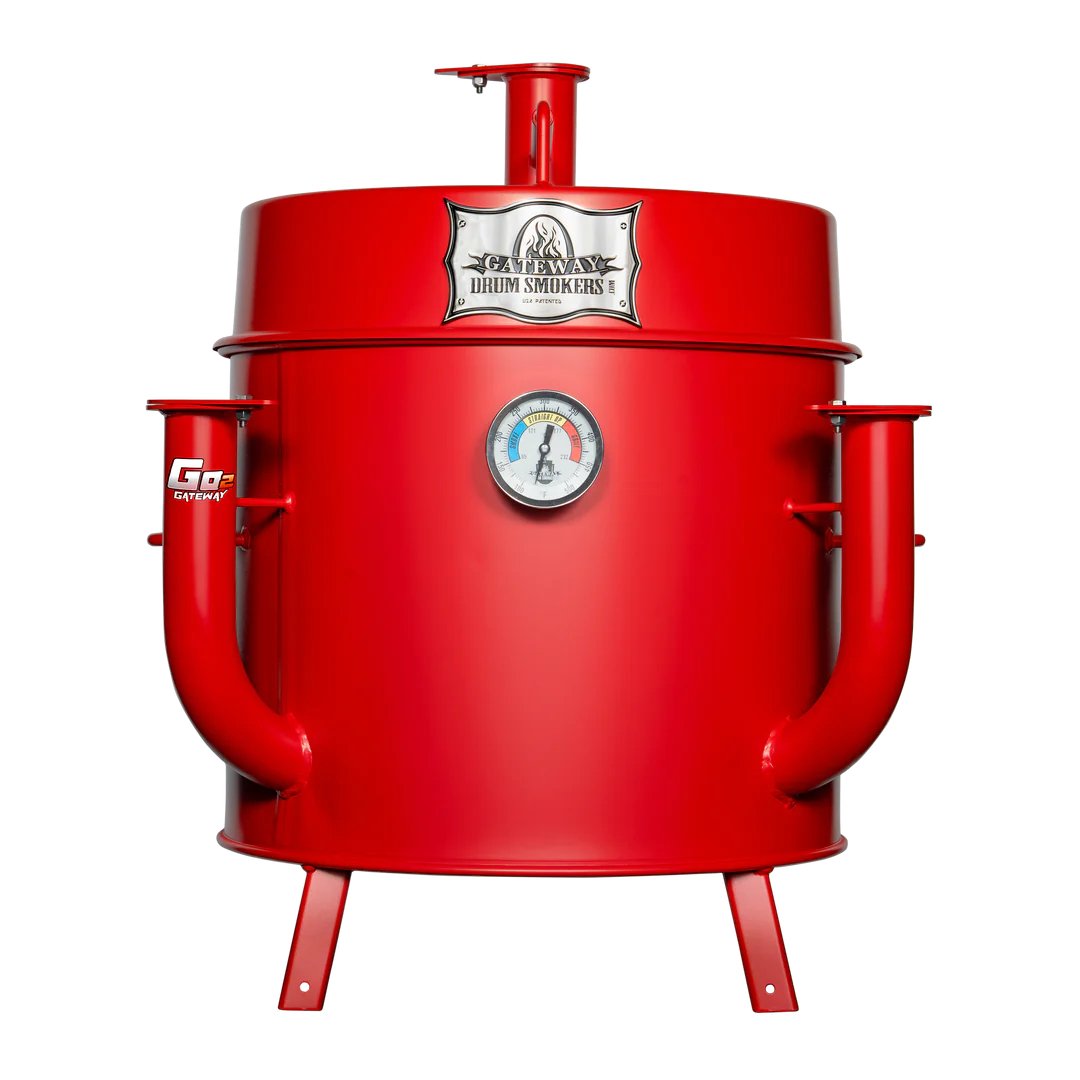 Gateway Mini Go2 Drum Smoker & Grill by Smokin Brothers in matte black finish, compact size with stainless steel lid and