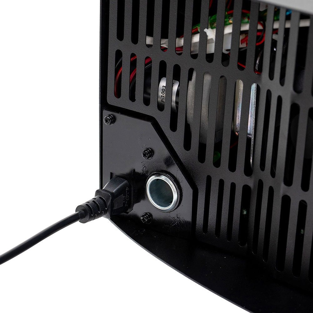 Close-up of the GMG Trek Prime 2.0 grill’s stainless steel control panel with textured knobs and engraved branding