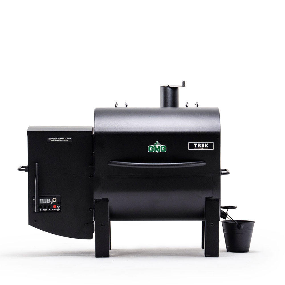 GMG Trekk Prime 2.0 pellet grill with black steel body, stainless steel lid, digital control panel, and side smoker box